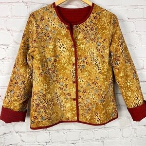 Vintage Gold Red floral Print quilted Jacket coat reversible barn Cottagecore
